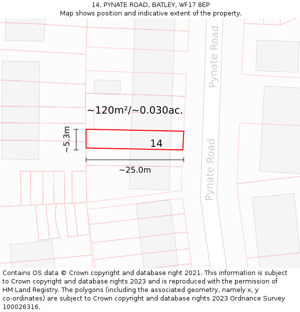 14, PYNATE ROAD, BATLEY, WF17 8EP: Plot and title map