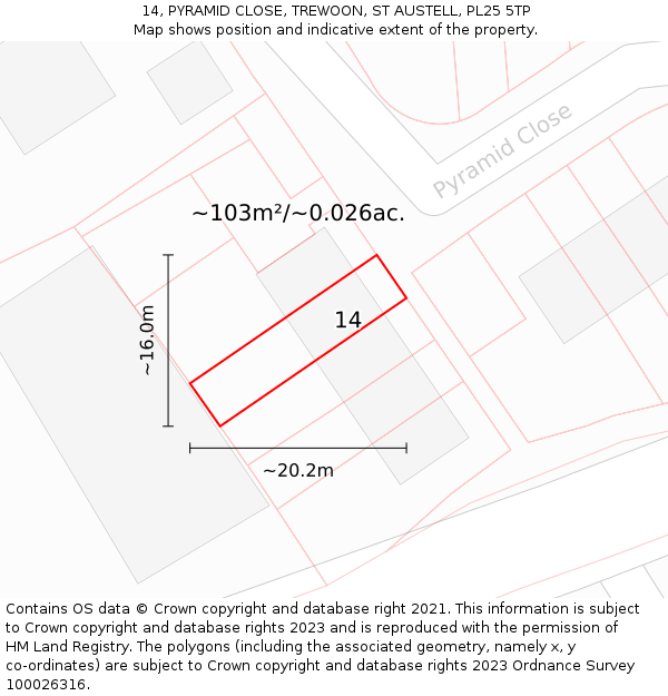 14, PYRAMID CLOSE, TREWOON, ST AUSTELL, PL25 5TP: Plot and title map
