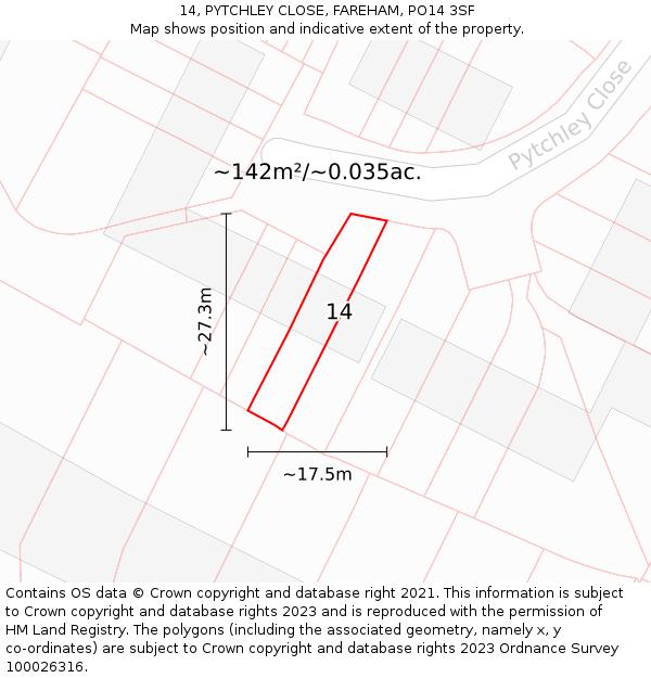 14, PYTCHLEY CLOSE, FAREHAM, PO14 3SF: Plot and title map