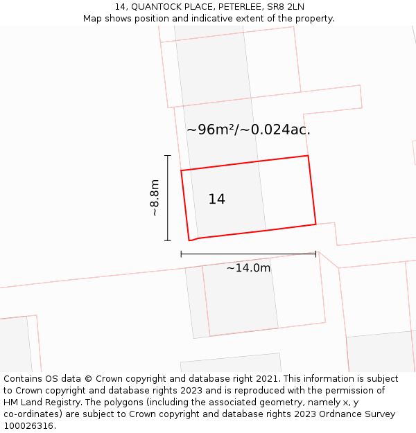 14, QUANTOCK PLACE, PETERLEE, SR8 2LN: Plot and title map