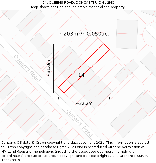 14, QUEENS ROAD, DONCASTER, DN1 2NQ: Plot and title map