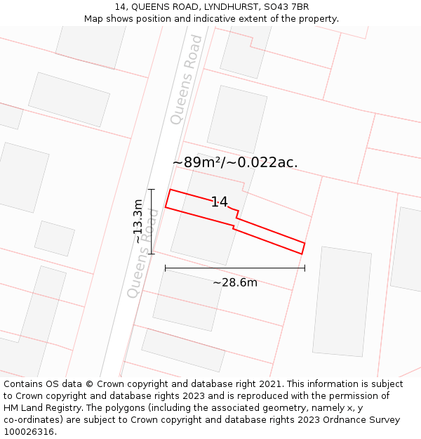 14, QUEENS ROAD, LYNDHURST, SO43 7BR: Plot and title map