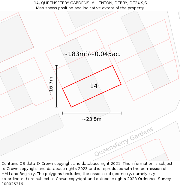 14, QUEENSFERRY GARDENS, ALLENTON, DERBY, DE24 9JS: Plot and title map