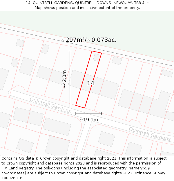 14, QUINTRELL GARDENS, QUINTRELL DOWNS, NEWQUAY, TR8 4LH: Plot and title map