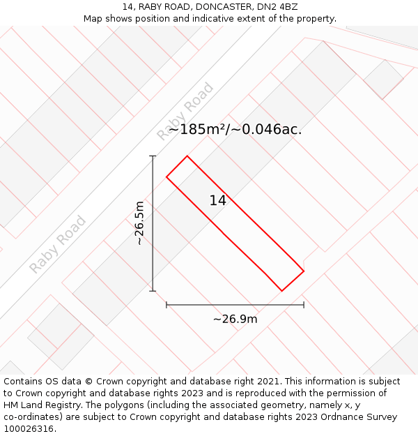 14, RABY ROAD, DONCASTER, DN2 4BZ: Plot and title map