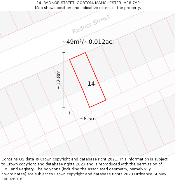 14, RADNOR STREET, GORTON, MANCHESTER, M18 7AP: Plot and title map