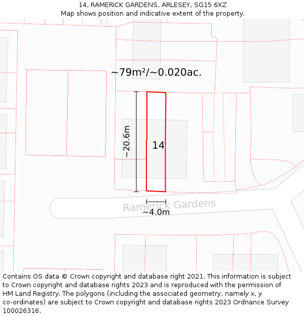 14, RAMERICK GARDENS, ARLESEY, SG15 6XZ: Plot and title map