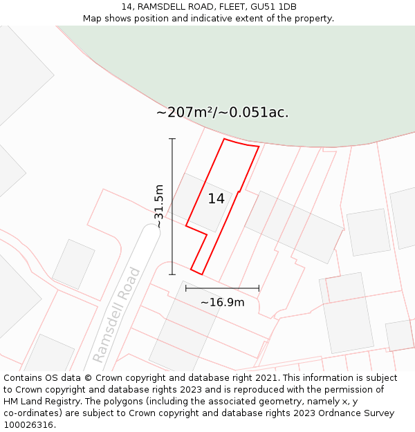 14, RAMSDELL ROAD, FLEET, GU51 1DB: Plot and title map