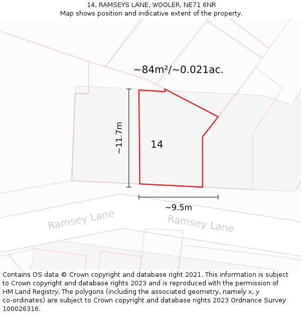 14, RAMSEYS LANE, WOOLER, NE71 6NR: Plot and title map