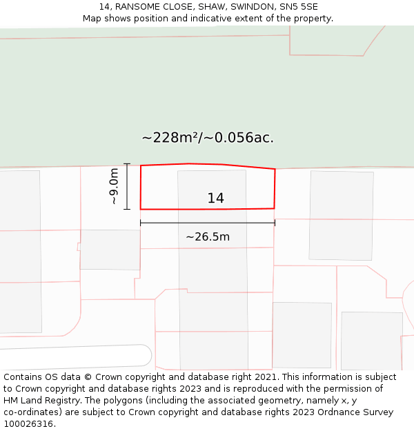14, RANSOME CLOSE, SHAW, SWINDON, SN5 5SE: Plot and title map