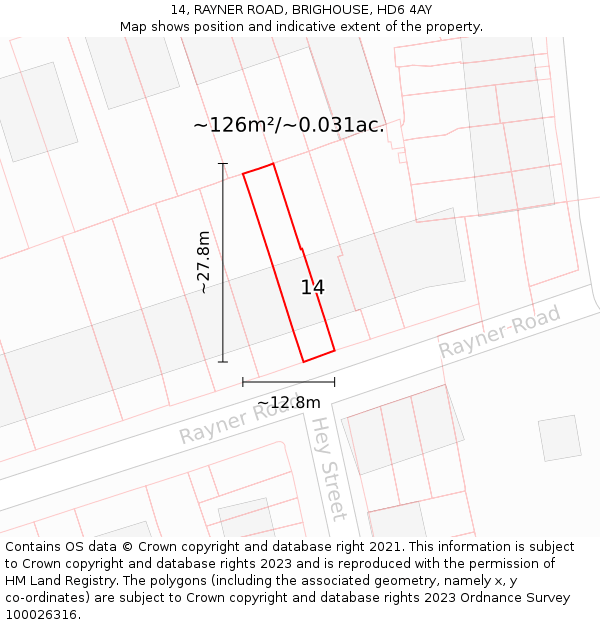14, RAYNER ROAD, BRIGHOUSE, HD6 4AY: Plot and title map