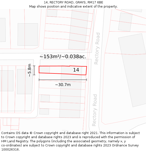 14, RECTORY ROAD, GRAYS, RM17 6BE: Plot and title map