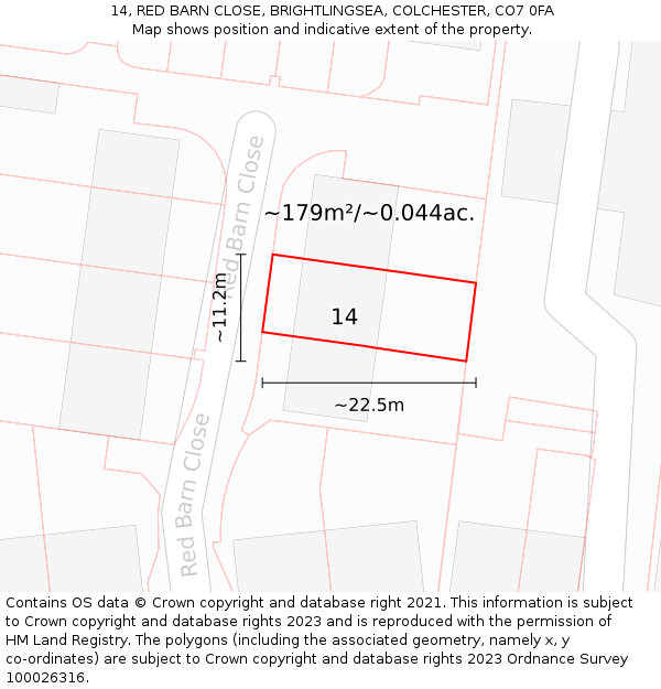 14, RED BARN CLOSE, BRIGHTLINGSEA, COLCHESTER, CO7 0FA: Plot and title map