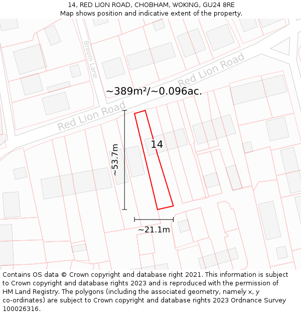 14, RED LION ROAD, CHOBHAM, WOKING, GU24 8RE: Plot and title map