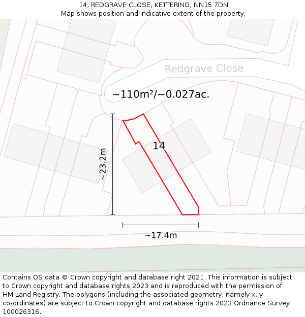 14, REDGRAVE CLOSE, KETTERING, NN15 7DN: Plot and title map