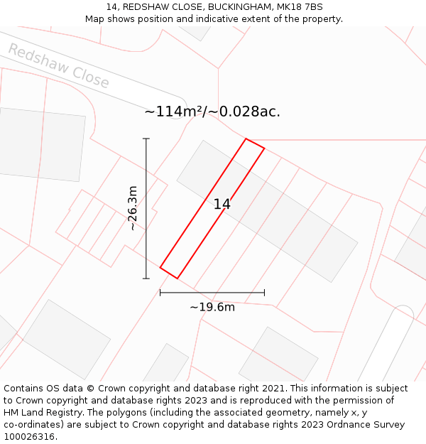 14, REDSHAW CLOSE, BUCKINGHAM, MK18 7BS: Plot and title map