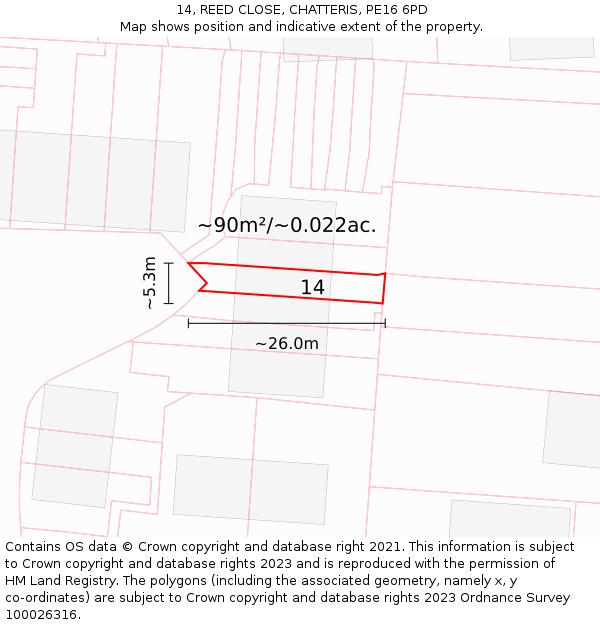 14, REED CLOSE, CHATTERIS, PE16 6PD: Plot and title map