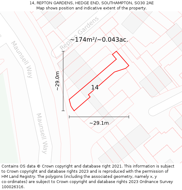 14, REPTON GARDENS, HEDGE END, SOUTHAMPTON, SO30 2AE: Plot and title map