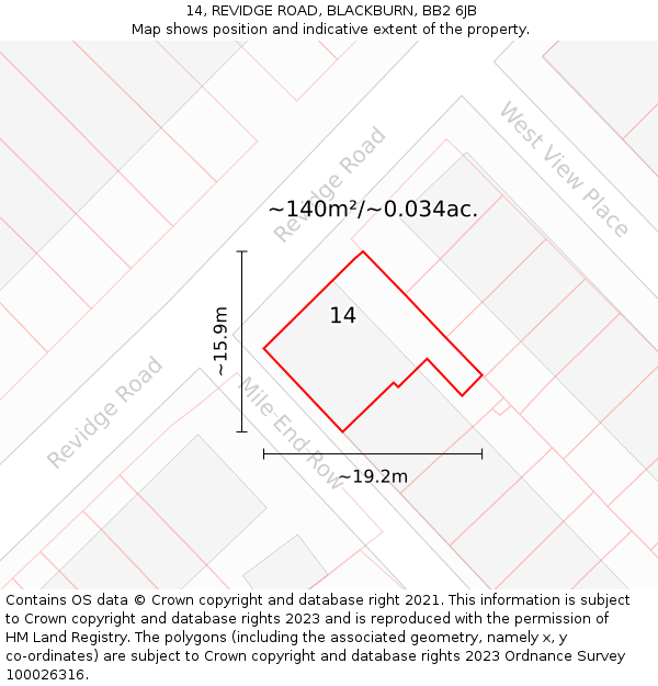 14, REVIDGE ROAD, BLACKBURN, BB2 6JB: Plot and title map