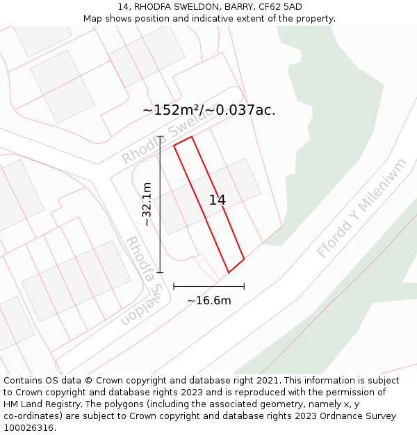 14, RHODFA SWELDON, BARRY, CF62 5AD: Plot and title map