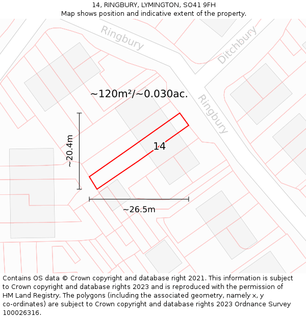 14, RINGBURY, LYMINGTON, SO41 9FH: Plot and title map