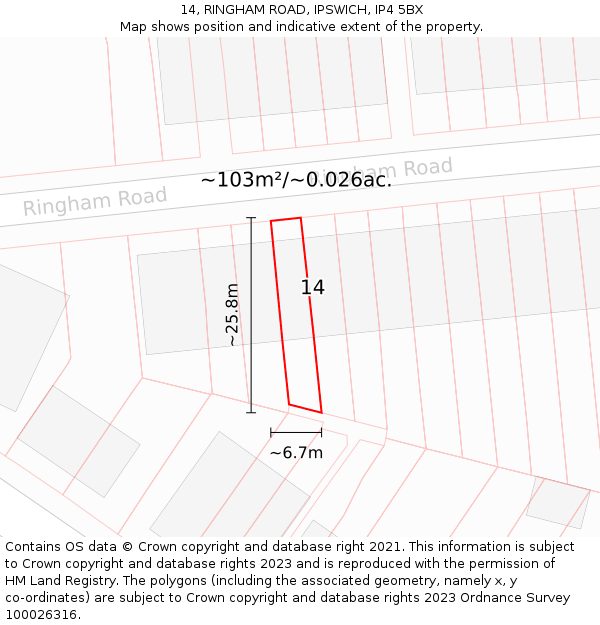 14, RINGHAM ROAD, IPSWICH, IP4 5BX: Plot and title map