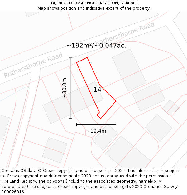 14, RIPON CLOSE, NORTHAMPTON, NN4 8RF: Plot and title map