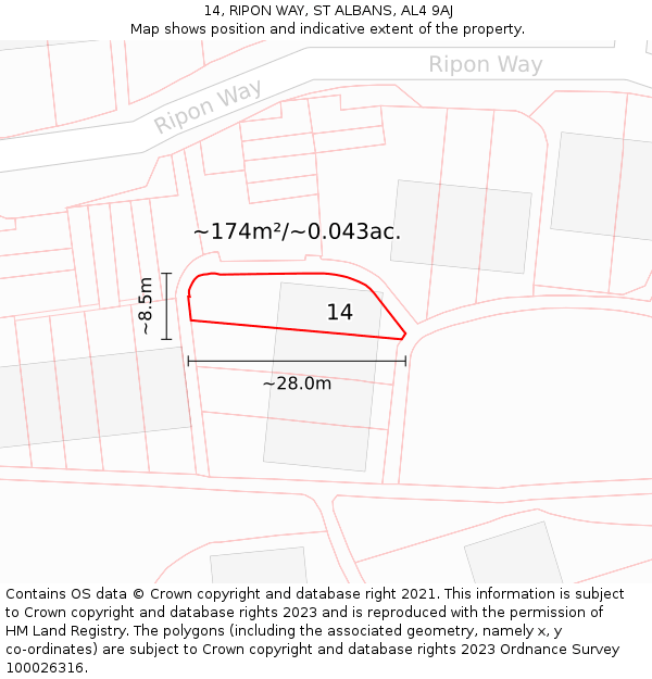 14, RIPON WAY, ST ALBANS, AL4 9AJ: Plot and title map