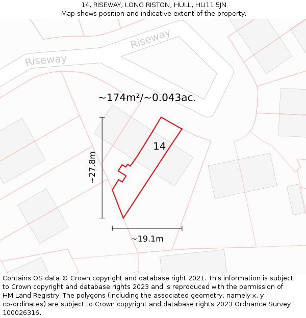 14, RISEWAY, LONG RISTON, HULL, HU11 5JN: Plot and title map