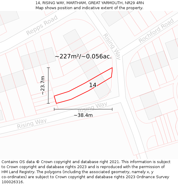 14, RISING WAY, MARTHAM, GREAT YARMOUTH, NR29 4RN: Plot and title map