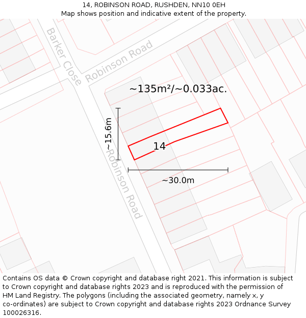 14, ROBINSON ROAD, RUSHDEN, NN10 0EH: Plot and title map