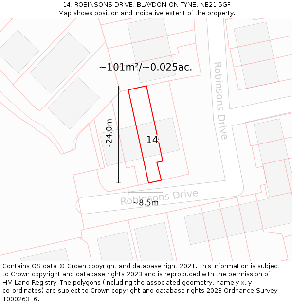 14, ROBINSONS DRIVE, BLAYDON-ON-TYNE, NE21 5GF: Plot and title map