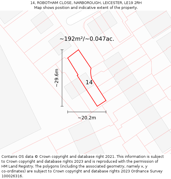 14, ROBOTHAM CLOSE, NARBOROUGH, LEICESTER, LE19 2RH: Plot and title map