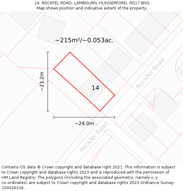 14, ROCKFEL ROAD, LAMBOURN, HUNGERFORD, RG17 8NG: Plot and title map