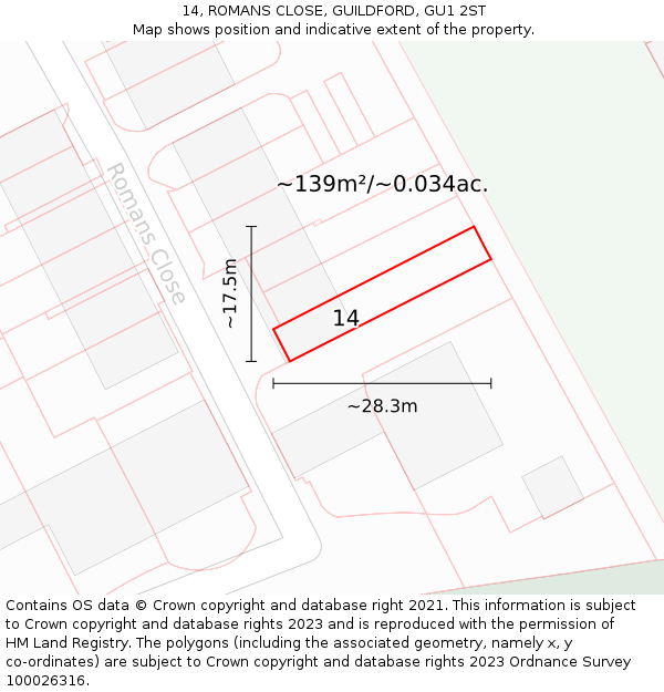 14, ROMANS CLOSE, GUILDFORD, GU1 2ST: Plot and title map