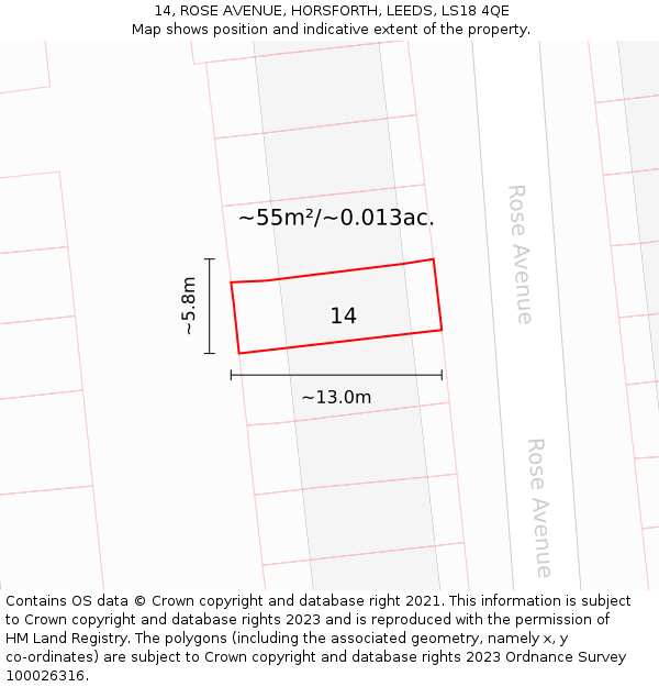 14, ROSE AVENUE, HORSFORTH, LEEDS, LS18 4QE: Plot and title map
