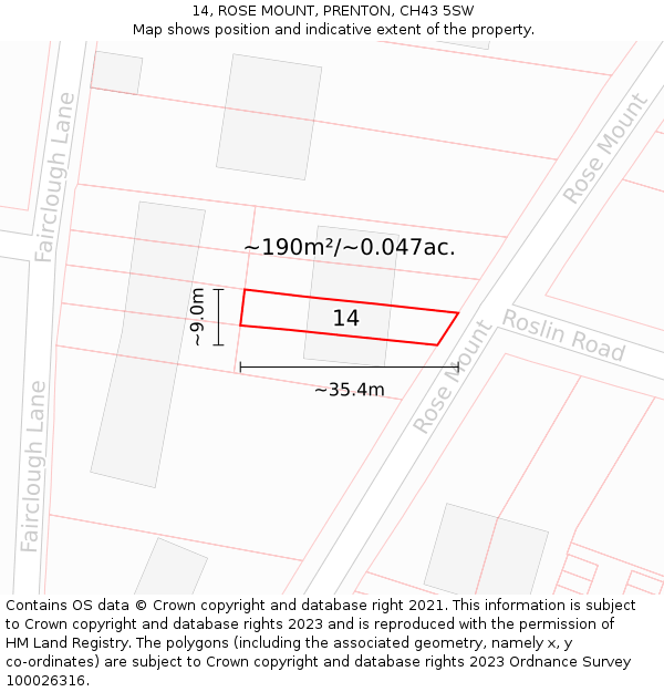 14, ROSE MOUNT, PRENTON, CH43 5SW: Plot and title map