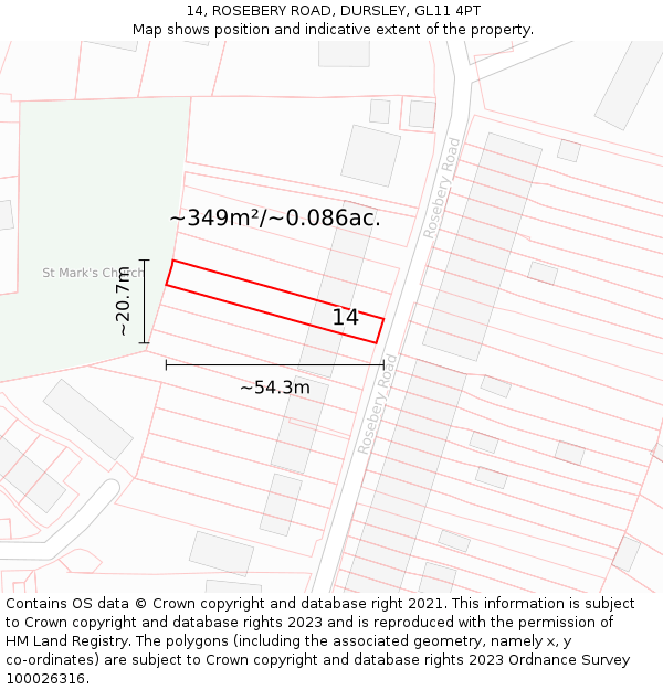 14, ROSEBERY ROAD, DURSLEY, GL11 4PT: Plot and title map