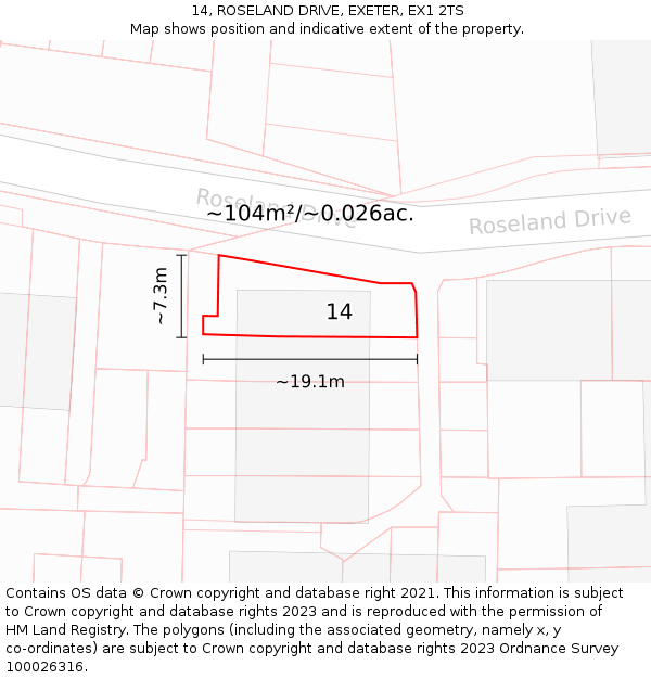 14, ROSELAND DRIVE, EXETER, EX1 2TS: Plot and title map