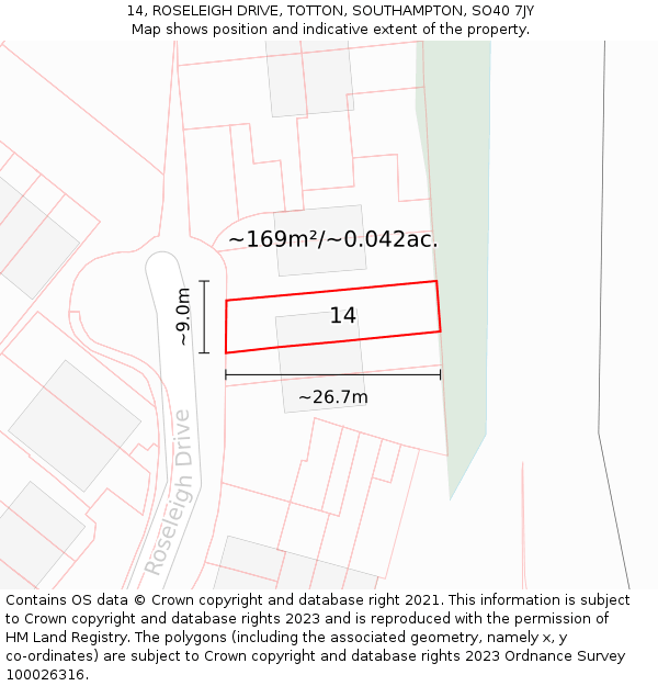 14, ROSELEIGH DRIVE, TOTTON, SOUTHAMPTON, SO40 7JY: Plot and title map