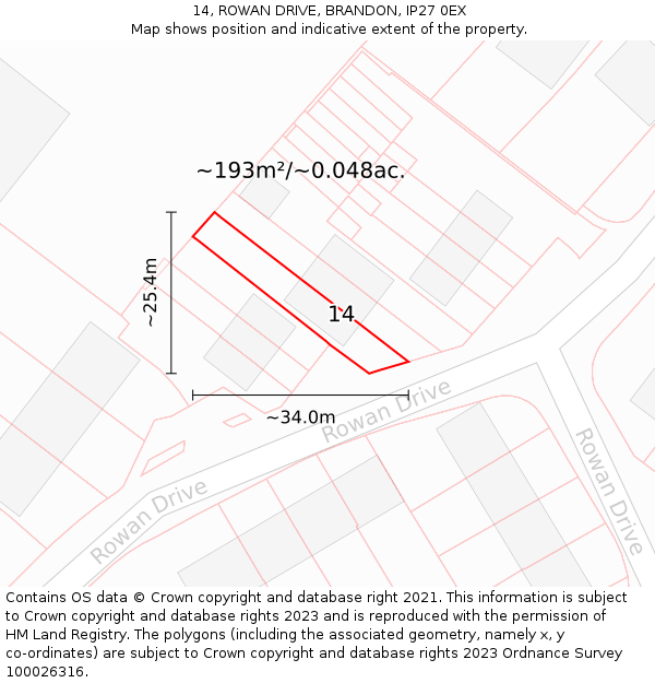 14, ROWAN DRIVE, BRANDON, IP27 0EX: Plot and title map