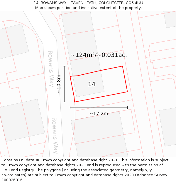 14, ROWANS WAY, LEAVENHEATH, COLCHESTER, CO6 4UU: Plot and title map