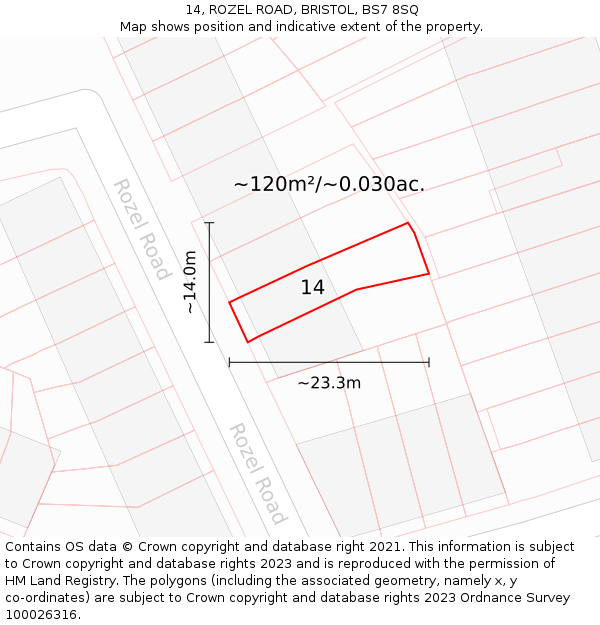 14, ROZEL ROAD, BRISTOL, BS7 8SQ: Plot and title map