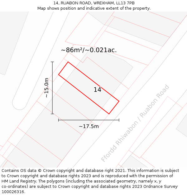 14, RUABON ROAD, WREXHAM, LL13 7PB: Plot and title map