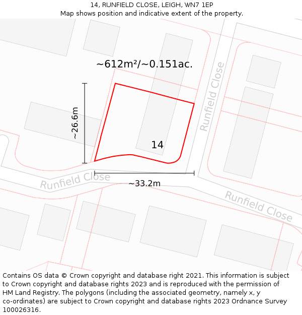 14, RUNFIELD CLOSE, LEIGH, WN7 1EP: Plot and title map