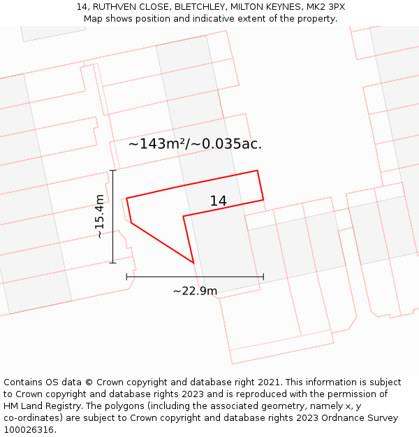 14, RUTHVEN CLOSE, BLETCHLEY, MILTON KEYNES, MK2 3PX: Plot and title map
