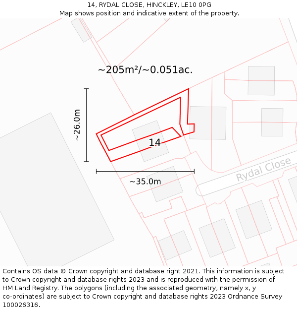 14, RYDAL CLOSE, HINCKLEY, LE10 0PG: Plot and title map