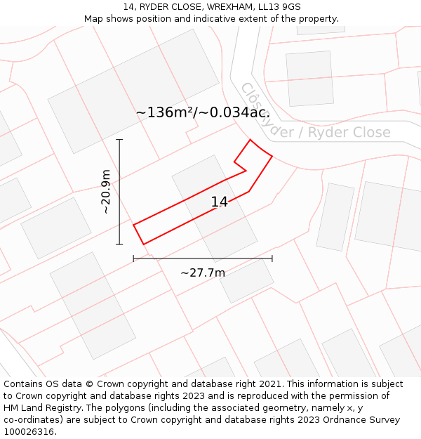 14, RYDER CLOSE, WREXHAM, LL13 9GS: Plot and title map