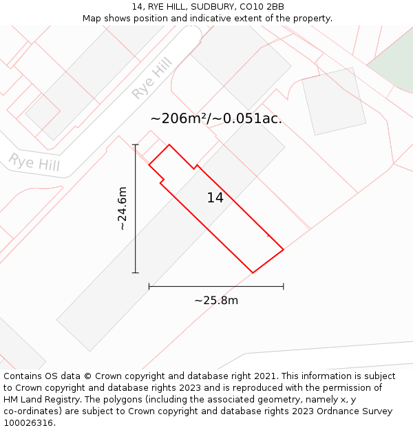 14, RYE HILL, SUDBURY, CO10 2BB: Plot and title map
