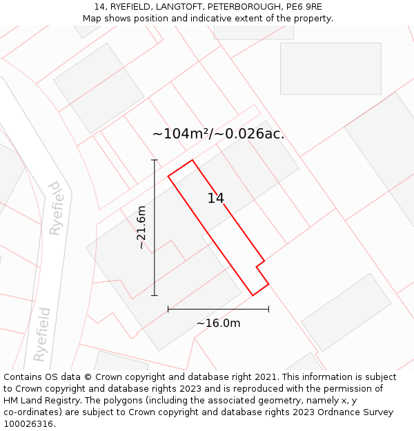 14, RYEFIELD, LANGTOFT, PETERBOROUGH, PE6 9RE: Plot and title map